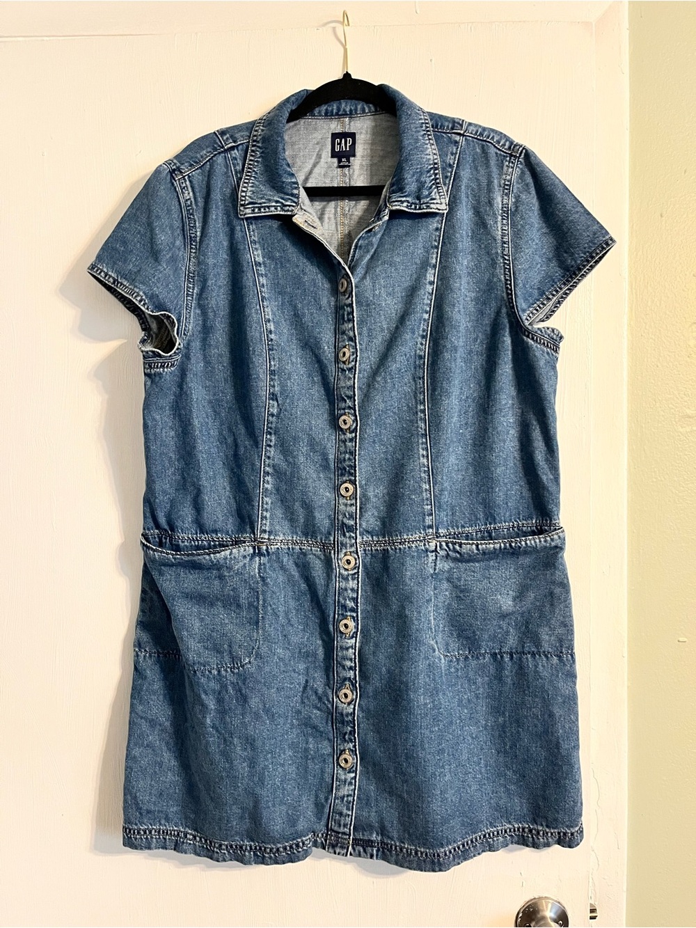 GAP Short-Sleeve Blue Denim Button-Down Mini Dress